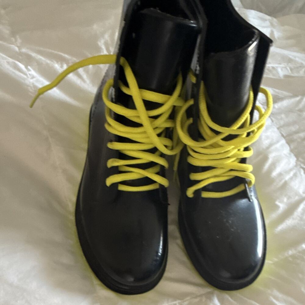 Black and Yellow Lace Up Rubber Combat Boots Ankle Round Toe for Women